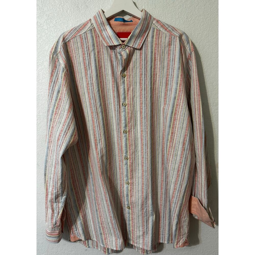 Tommy Bahama Men's Button-down Shirt Coral Blue Pastel Stripes XL